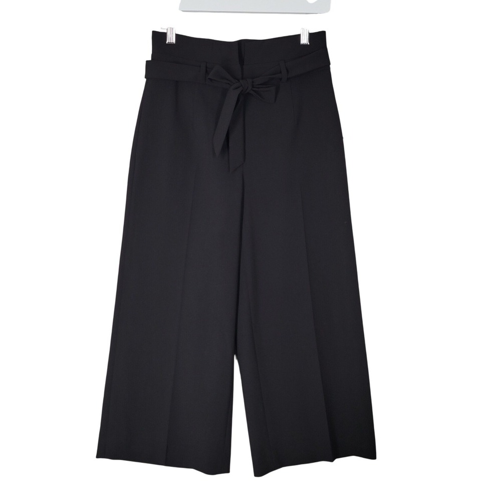 DKNY Wide Leg Culotte Pants Womens 2P Black High Waist Tie Belt Cropped Trousers